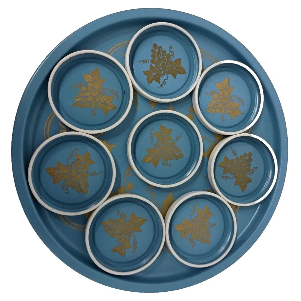 Vintage Blue Metal Grape Design Round Serving Tray And Eight Coasters Set MCM